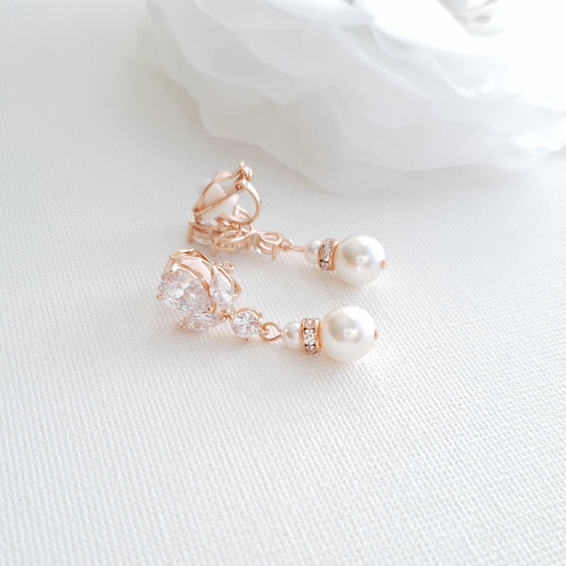 Clip On Pearl Drop Wedding Earrings, Bridal Earrings For Non Pierced Ears, Rose Gold/ Silver/ Gold Wedding Jewelry, Nicole