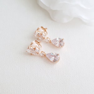 Clip On Drop Earrings Wedding, Rose Gold Earrings, Gold Bridal Earrings, Crystal Drop Earrings for Non Pierced Ears, Bridal Jewelry, Nicole Rose gold