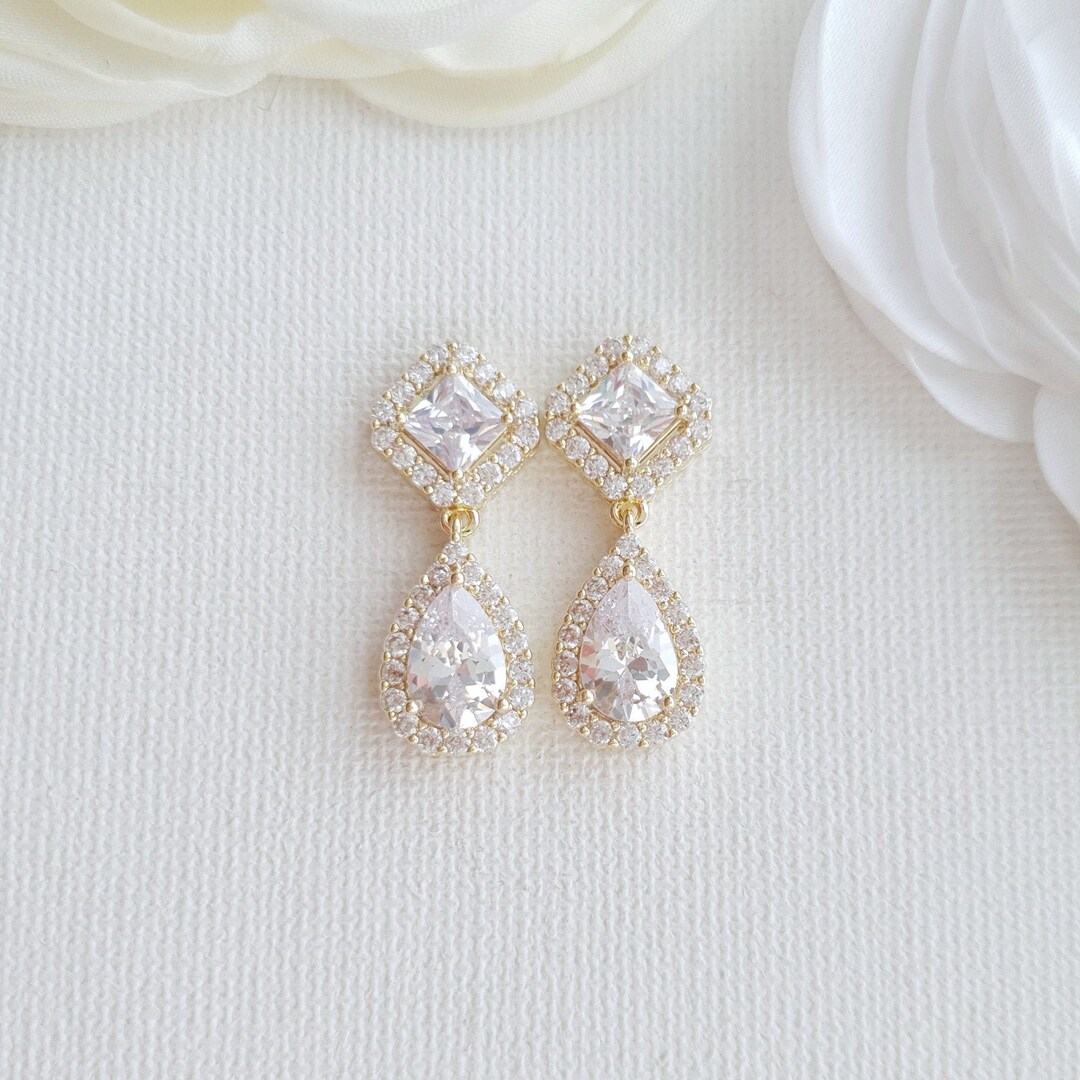 Gold Bridal Earrings, Drop Wedding Earrings, Small CZ Earrings, Gold