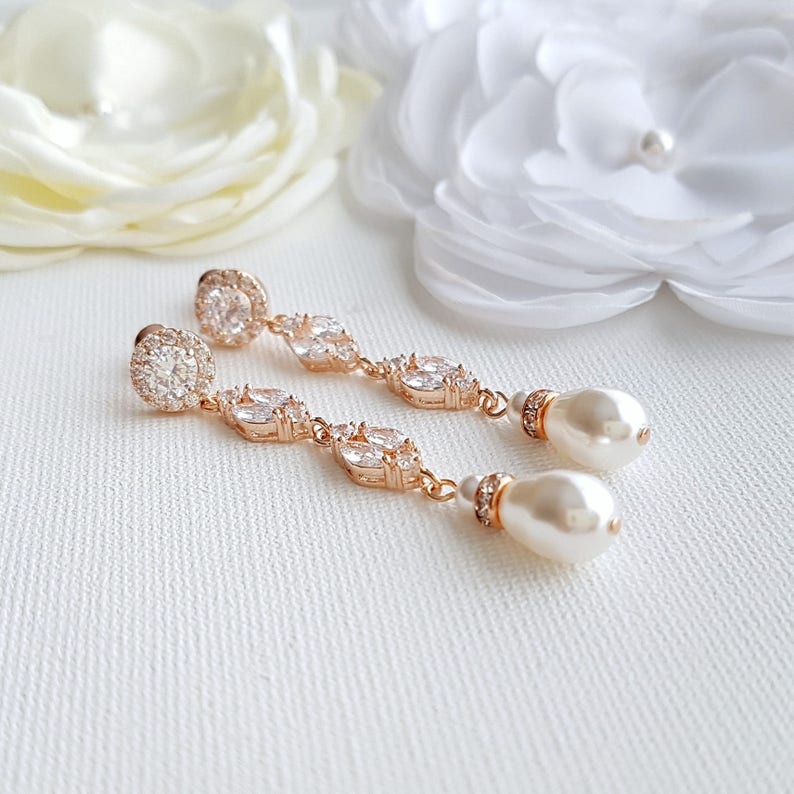 Bridal Earrings Long, Pearl Drop Wedding Earrings, Pearl and Crystal Marquise Earrings, Bridal Jewelry Set Pearl, Wedding Jewelry, Hayley Rose gold