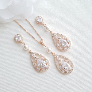 Vintage Style Pearl Crystal Bridal Earrings, Teardrop Wedding Earrings, Necklace Earring Set, Wedding Jewelry, Esther image 8