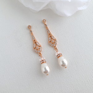 Bridal Pearl Earrings, Wedding Earrings, Long Pearl Drop Earrings Necklace Set, Rose Gold Earrings, Gold Bridal Jewelry Set, Lisa Rose gold