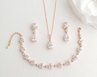 Rose Gold Wedding Jewelry Set for Brides, Elegant and Simple Bridal Jewelry Set in Cubic Zirconia For Wedding Day, Nicole