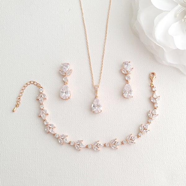 Rose Gold Wedding Jewelry Set for Brides, Elegant and Simple Bridal Jewelry Set in Cubic Zirconia For Wedding Day, Nicole