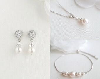 Simple Pearl Wedding Jewelry Set For Bride, Drop Bridal Earrings, Pearl Wedding Necklace, Pearl Bridal Bracelet Set, Ava