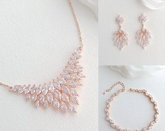 Rose Gold Wedding Jewelry Set, Bridal Necklace Set, Rose Gold Leaf Earrings, Necklace And Bracelet Set, CZ Leaf Jewelry For Brides, Belle