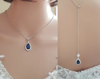 Blue Bridal Necklace With Backdrop, Simple Crystal Back Necklace, Something Blue For Bride, Wedding Jewelry, Aoi