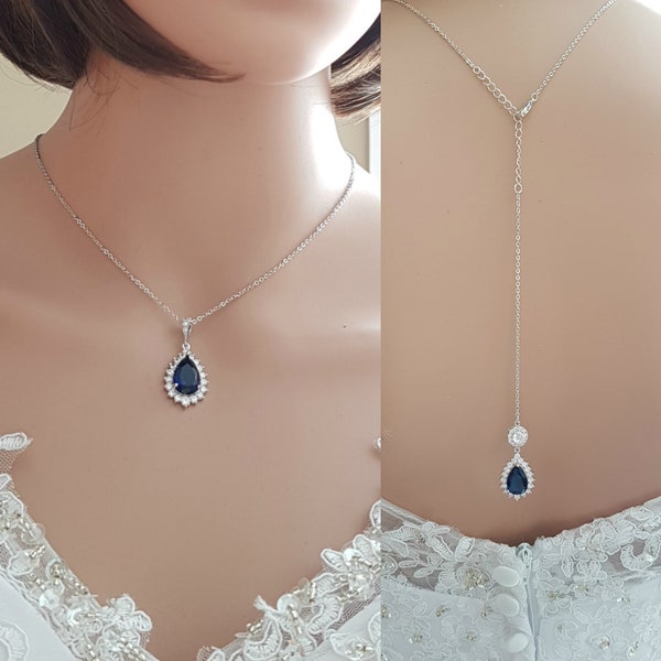 Blue Bridal Necklace With Backdrop, Simple Crystal Back Necklace, Something Blue For Bride, Wedding Jewelry, Aoi