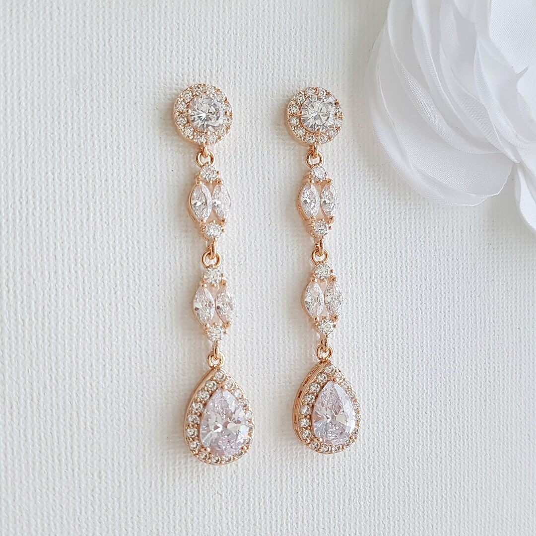 Rose Gold Bridal Earrings, Long Crystal Drop Wedding Earrings, CZ ...
