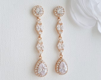 Rose Gold Bridal Earrings, Long Crystal Drop Wedding Earrings, CZ Teardrop Earrings Necklace Set, Rose Gold Wedding Jewelry, Hayley