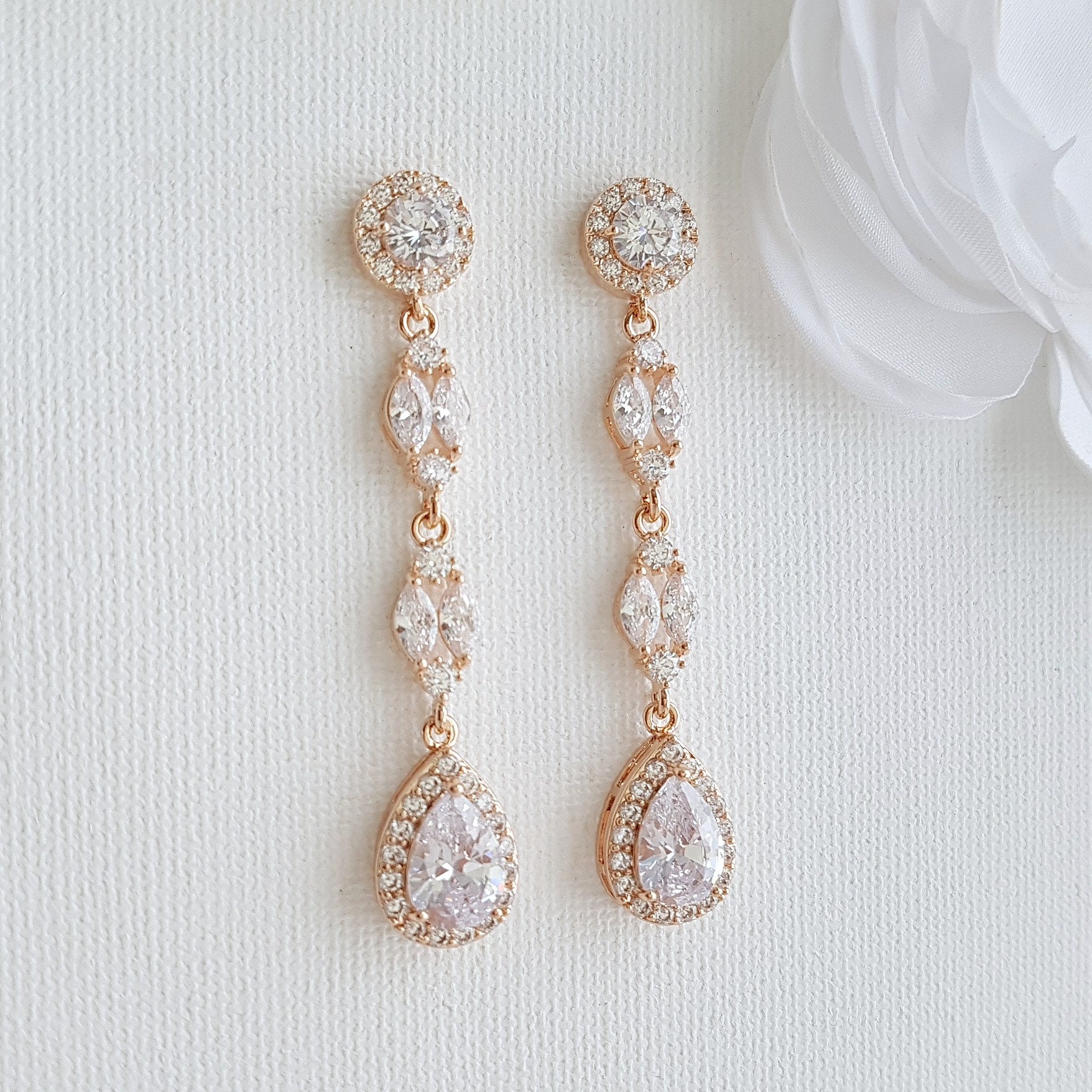 Rose Gold Bridal Earrings Long Crystal Drop Wedding Earrings | Etsy