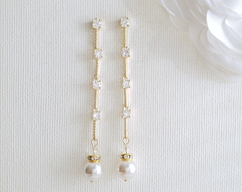 Pearl and Gold Wedding Earrings, Simple Long Bride Earrings, Gold Wedding Jewelry for Brides, CZ Pearl Drop Dainty Earrings, Ginger