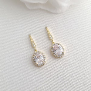 Oval Crystal Bridal Earrings, Dangle Bridesmaid Earrings, Cubic Zirconia Earrings, Small Earrings For Bride, Bridal Jewelry Set, Emily Gold
