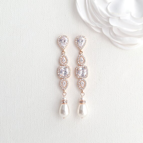 Rose Gold Long Bridal Earrings, CZ and Pearl Drop Wedding Earrings For Bride, Rose Gold Wedding Jewelry, Gianna