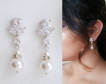 Pearl Drop Wedding Earrings, Bridal Earrings, Wedding Jewelry, Cubic Zirconia, Crystal and Pearl Bridesmaid Earrings, Nicole