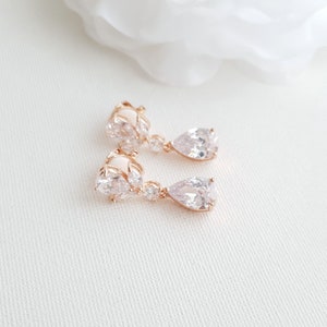 Clip On Drop Earrings Wedding, Rose Gold Earrings, Gold Bridal Earrings, Crystal Drop Earrings for Non Pierced Ears, Bridal Jewelry, Nicole image 4