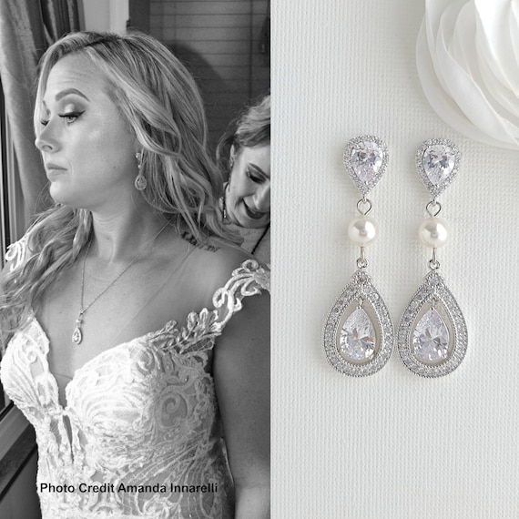 Silver Teardrop Earrings Wedding Jewelry for Brides Crystal | Etsy