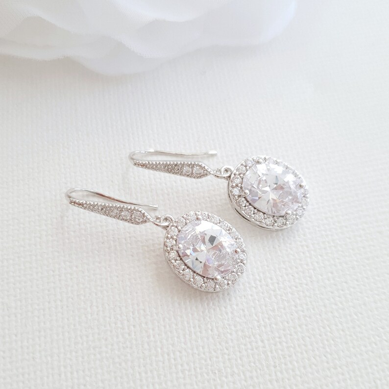 Oval Crystal Bridal Earrings, Dangle Bridesmaid Earrings, Cubic Zirconia Earrings, Small Earrings For Bride, Bridal Jewelry Set, Emily image 5