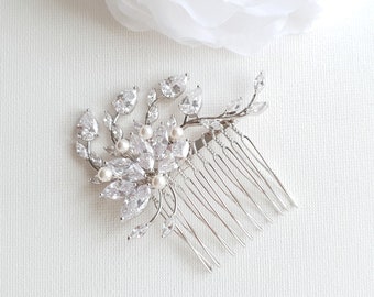 Small Silver Bridal Hair Comb, Wedding Hair Accessories, Crystal Haircomb, Cubic Zirconia Vine Leaf Comb, Kika