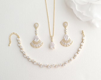 Gold Wedding Necklace Set For Brides, Bridal Earrings Necklace And Bracelet, Gold Wedding Jewelry Set, Ilana