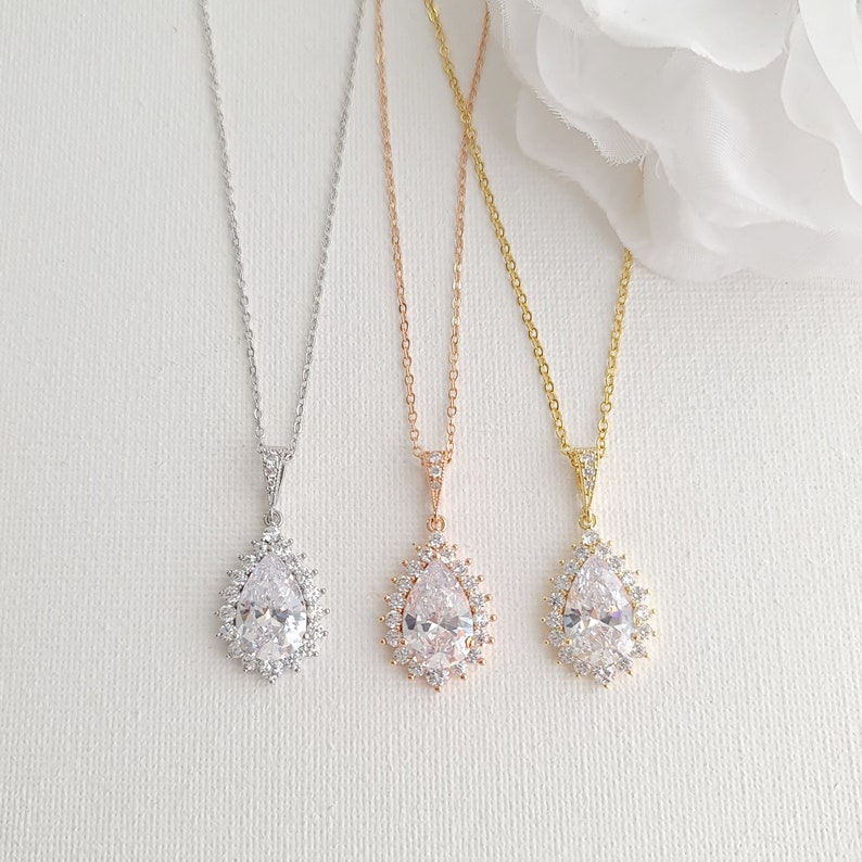 Rose Gold Wedding Necklace, Crystal Bridal Necklace, CZ Tear Drop Necklace, Rose Gold Bridal Jewelry, Raya image 4