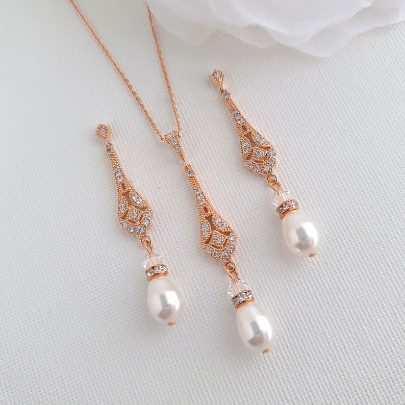 Bridal Pearl Earrings, Wedding Earrings, Long Pearl Drop Earrings Necklace Set, Rose Gold Earrings, Gold Bridal Jewelry Set, Lisa image 6