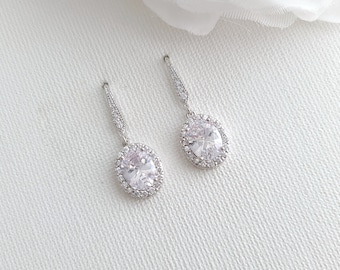 Oval Crystal Bridal Earrings, Dangle Bridesmaid Earrings, Cubic Zirconia Earrings, Small Earrings For Bride, Bridal Jewelry Set, Emily