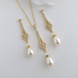 Bridal Pearl Earrings, Wedding Earrings, Long Pearl Drop Earrings Necklace Set, Rose Gold Earrings, Gold Bridal Jewelry Set, Lisa image 7