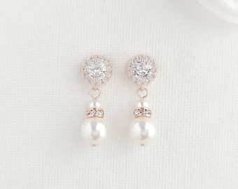 Boucles d'oreilles de mariée en perles, boucles d'oreilles de mariage en or rose et perles rondes, bijoux de mariage simples pour la mariée, Ava
