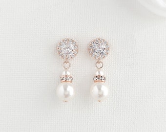 Bridal Pearl Drop Earrings, Rose Gold And Round Pearl Wedding Earrings, Simple Wedding Jewelry For Bride, Ava
