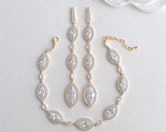 Gold Earrings and Bracelet Set For Brides, Cubic Zirconia Marquise Set, Crystal Bridal Jewelry For Wedding Day, Harriet