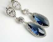 Blue Bridal Earrings, Blue Wedding Jewelry, Silver, Cubic Zirconia, Sapphire Blue Glass drop Wedding Earrings, Something Blue