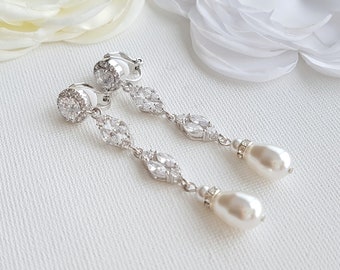 Clip On Pearl Bridal Earrings for Non Pierced Ears, Long Drop Wedding Earrings, Pearl Crystal Dangle Earrings Necklace Set, Hayley