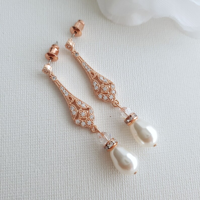 Vintage Style Crystal Pearl Drop Earrings Lisa Wedding Jewelry Set for Brides Gold Bridal Jewelry Set Rose Gold Earring Necklace Set