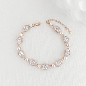 Gold Pearl Teardrop Wedding Bracelet, CZ Pearl Pear Crystal Bridal Bracelet, Gold Wedding Jewelry, Luna Rose gold