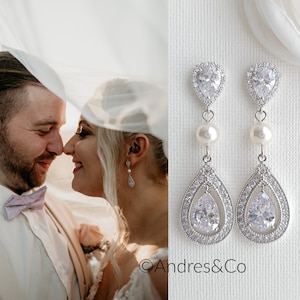 Silver Teardrop Earrings, Wedding Jewelry for Brides, Crystal and Pearl Bridal Earrings, Halo Style Drop Earrings, Sarah
