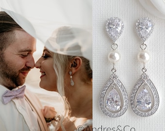 Silver Teardrop Earrings, Wedding Jewelry for Brides, Crystal and Pearl Bridal Earrings, Halo Style Drop Earrings, Sarah