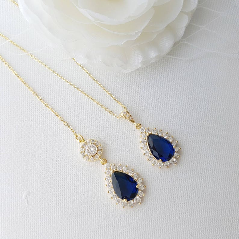 Gold Back Drop Necklace, Blue Bridal Necklace, Crystal Back Necklace, Blue and Gold Wedding Necklace, Something Blue, Wedding Jewelry, Aoi Gold