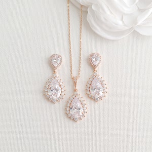 Rose Gold Wedding Necklace, Crystal Bridal Necklace, CZ Tear Drop Necklace, Rose Gold Bridal Jewelry, Raya image 7