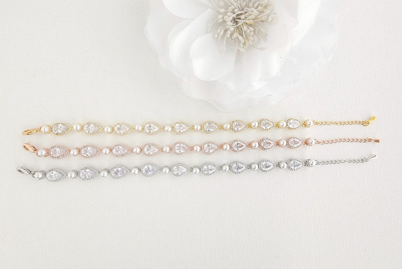 Gold Pearl Teardrop Wedding Bracelet, CZ Pearl Pear Crystal Bridal Bracelet, Gold Wedding Jewelry, Luna image 10