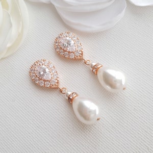 Rose Gold Bridal Earrings, Pearl Drop Earrings, Pearl Crystal Earrings Gold Wedding Earrings, Bridesmaid Earrings,Wedding Jewelry, Penelope