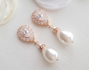 Rose Gold Bridal Earrings, Pearl Drop Earrings, Pearl Crystal Earrings Gold Wedding Earrings, Bridesmaid Earrings,Wedding Jewelry, Penelope
