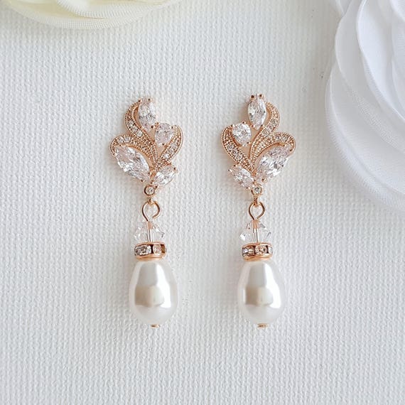 Rose Gold Bridal Earrings Rose Gold Pearl Earrings Crystal | Etsy