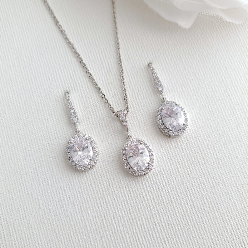 Oval Crystal Bridal Earrings, Dangle Bridesmaid Earrings, Cubic Zirconia Earrings, Small Earrings For Bride, Bridal Jewelry Set, Emily image 6