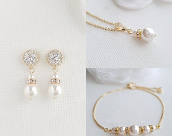 Gold And Pearl Bridal Jewelry Set, Wedding Jewelry Set Gold Of Pearl Drop Earrings, Necklace And Bracelet, Pearl Bridal Jewelry, Ava