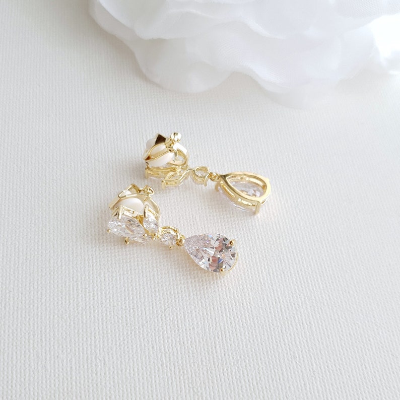 Clip On Drop Earrings Wedding, Rose Gold Earrings, Gold Bridal Earrings, Crystal Drop Earrings for Non Pierced Ears, Bridal Jewelry, Nicole image 8