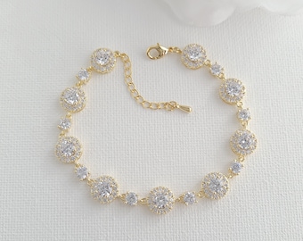 Gold Bracelet For Brides, Halo Round Wedding Bracelet in Cubic Zirconia, Gold Wedding Day Bridal Jewelry, Reagan