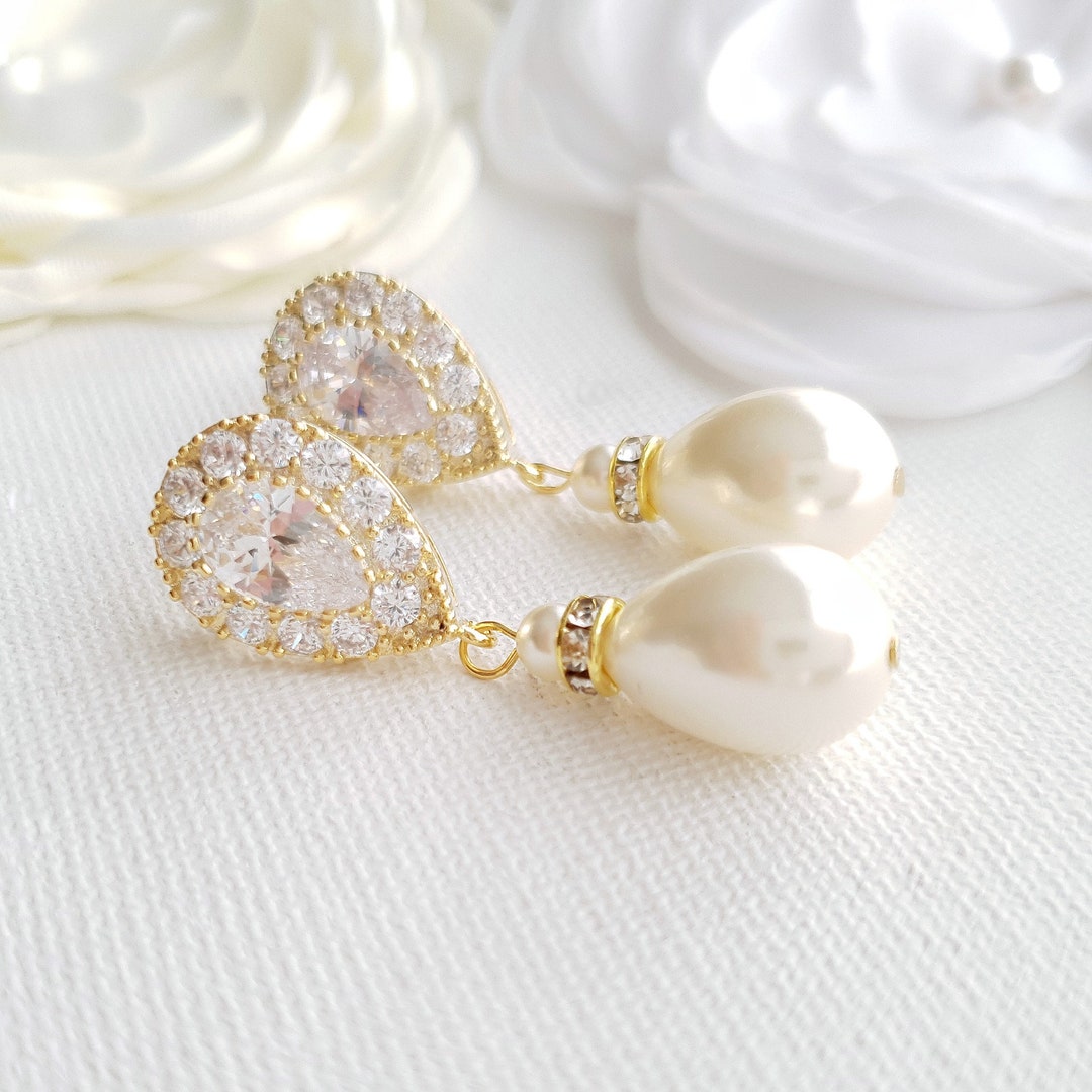 Bridal Earrings Pearl and Gold, Wedding Jewelry, Large Pearl Drop ...