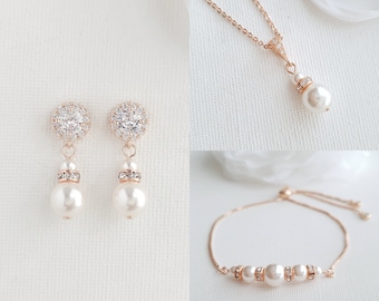 Pearl Bridal Jewelry Set, Rose Gold Wedding Jewelry Set Of Pearl Drop Earrings, Single Pearl Necklace, Pearl Wedding Bracelet Set, Ava