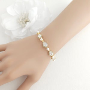 Gold Pearl Teardrop Wedding Bracelet, CZ Pearl Pear Crystal Bridal Bracelet, Gold Wedding Jewelry, Luna image 7
